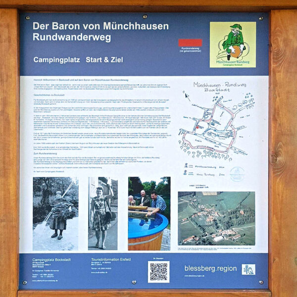 Bockstadt: Baron von Münchhausen Rundwanderweg: Infotafel: Campingplatz, Start & Ziel (Gestaltung: Heiko Haine, Foto: Julius Fleischhauer)