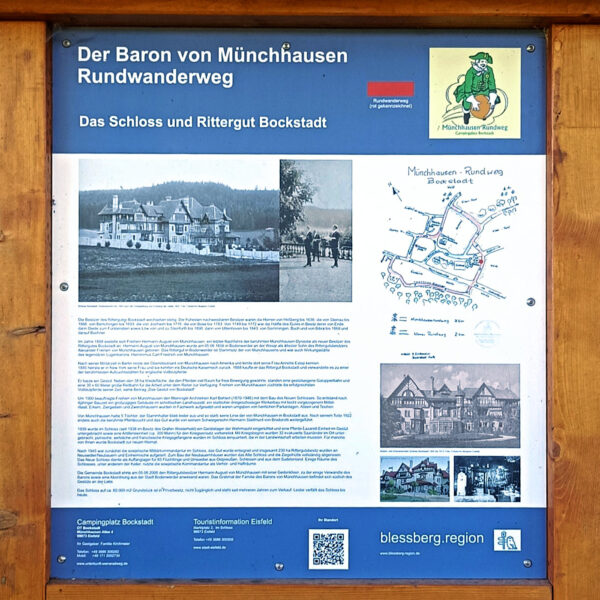 Bockstadt: Baron von Münchhausen Rundwanderweg: Infotafel: Schloss und Rittergut Bockstadt (Gestaltung: Heiko Haine, Foto: Julius Fleischhauer)